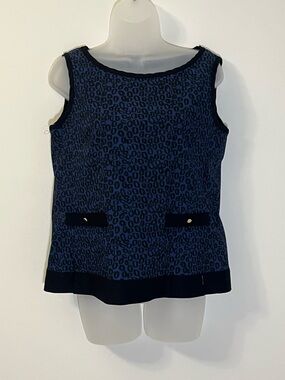 Sara Campbell Blue Patterned Sleeveless Tank with Black Trim and Pocket Accents